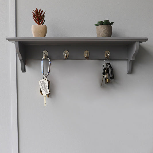 Wood Floating Shelf with Key Hooks, Grey