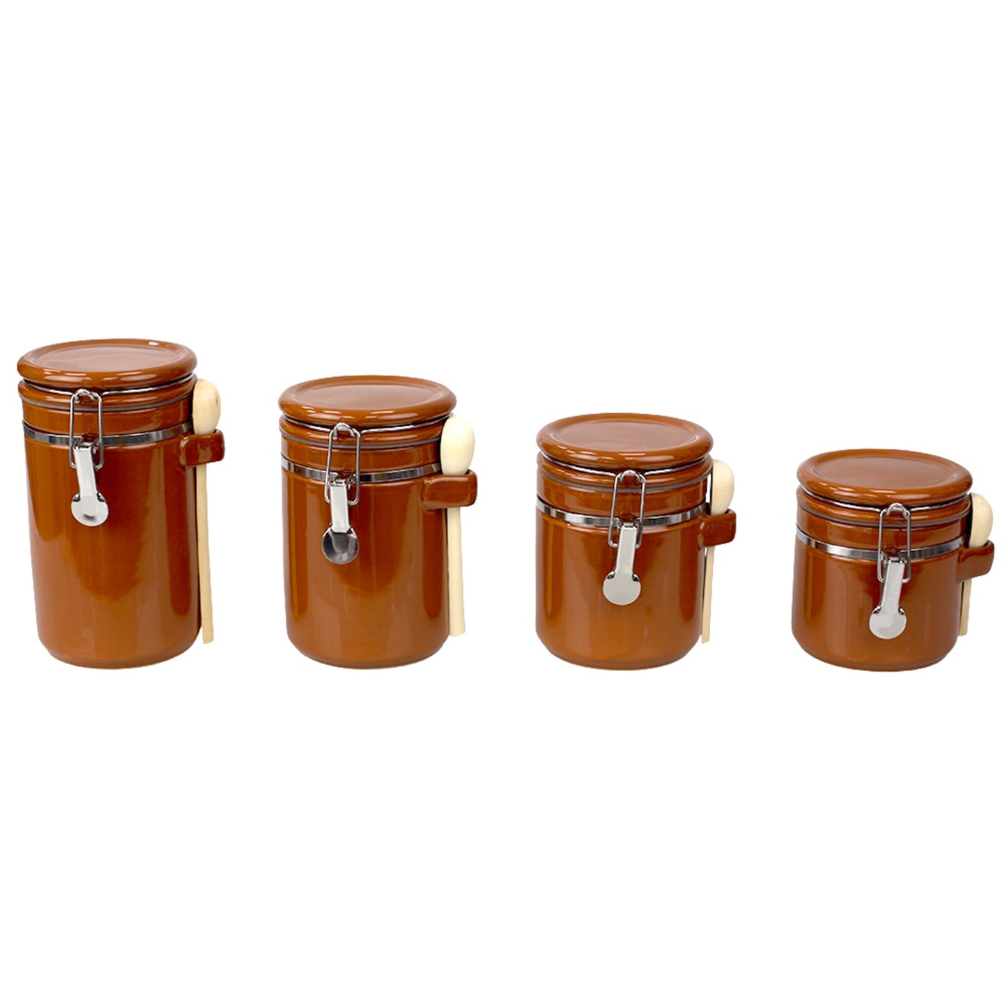 4 Piece Ceramic Canisters with Easy Open Air-Tight Clamp Top Lid and Wooden Spoons, Brown