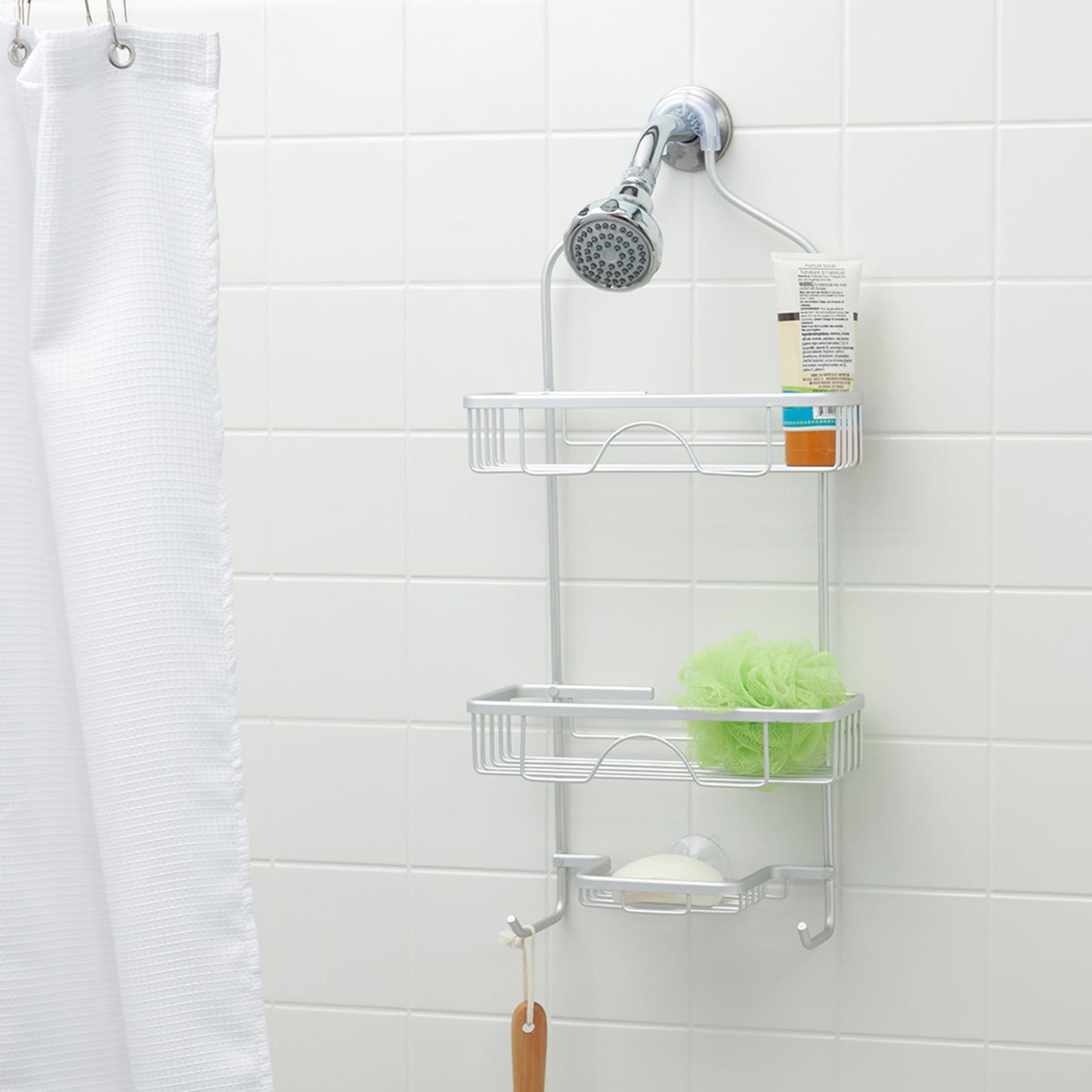 2 Tier Aluminum Shower Caddy with Lower Hooks and Soap Tray