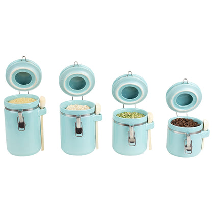 4 Piece Ceramic Canister Set with Wooden Spoons, Turquoise