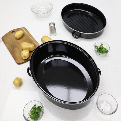 Deep Oval Natural Non-Stick 16” Enameled Carbon Steel Roaster Pan with Lid, Black