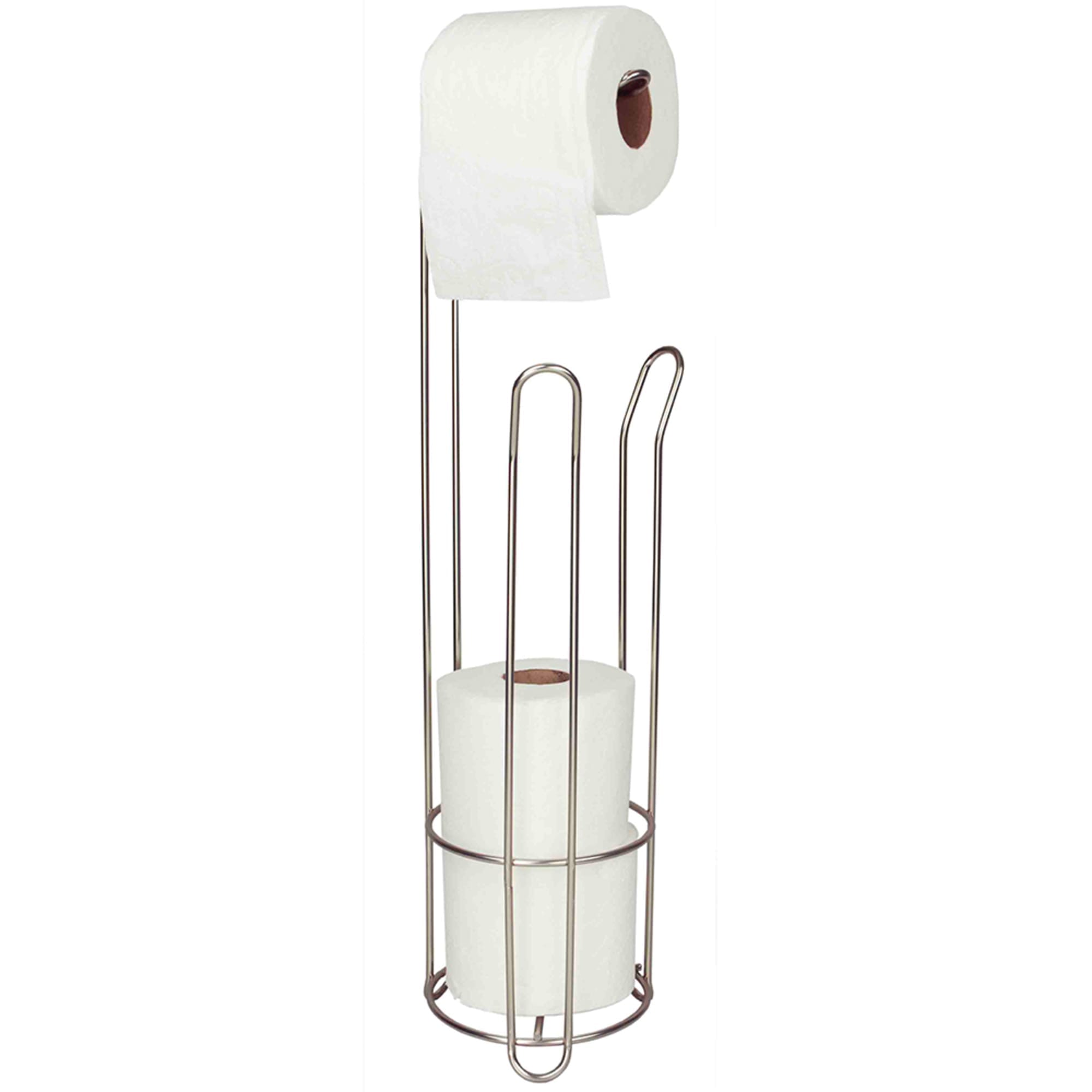 Round Free Standing Toilet Paper Holder with Top Storage Shelf in Brushed  Nickel