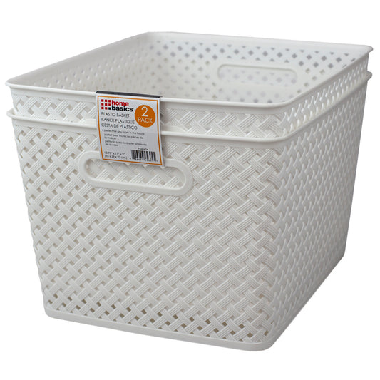 Home Basics Triple Woven 14" x 11.75" x 8.75" Multi-Purpose Stackable Plastic Storage Basket, (Pack of 2), White - White