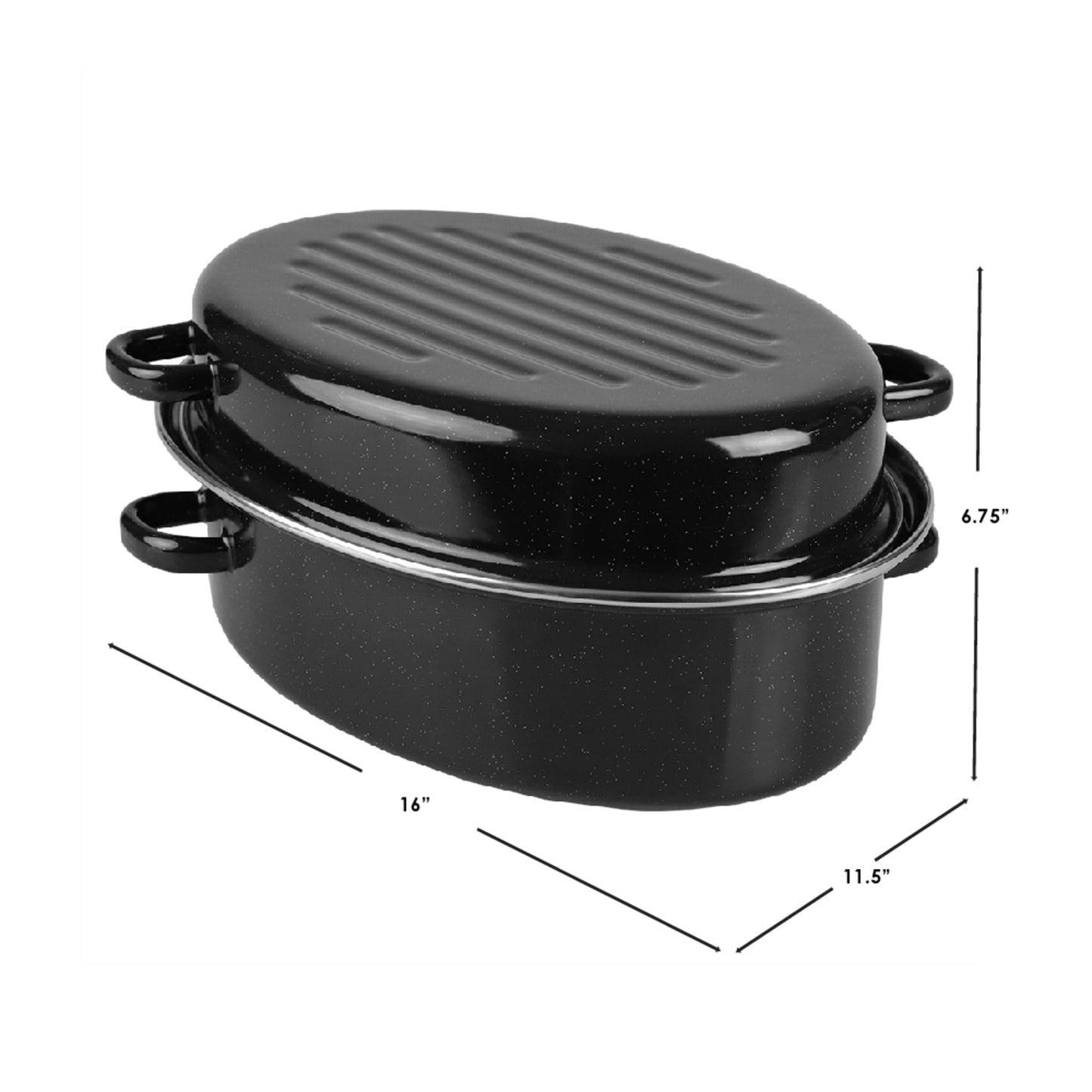 Deep Oval Natural Non-Stick 14” Enameled Carbon Steel Roaster Pan with Lid, Black