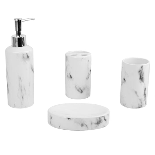Marble Ceramic 4 Piece Bath Accessory Set, White
