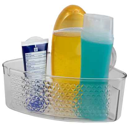 Large Cubic Patterned Plastic Corner Shower Caddy with Suction Cups, Clear