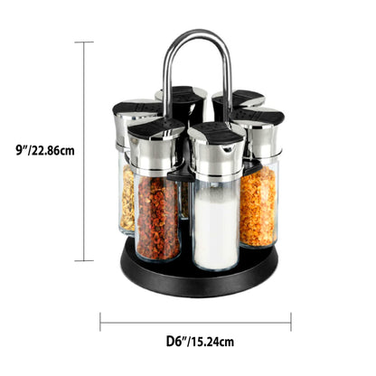 Compact Carousel 6-Jar Spice Rack with Steel Carrying Handle, Black