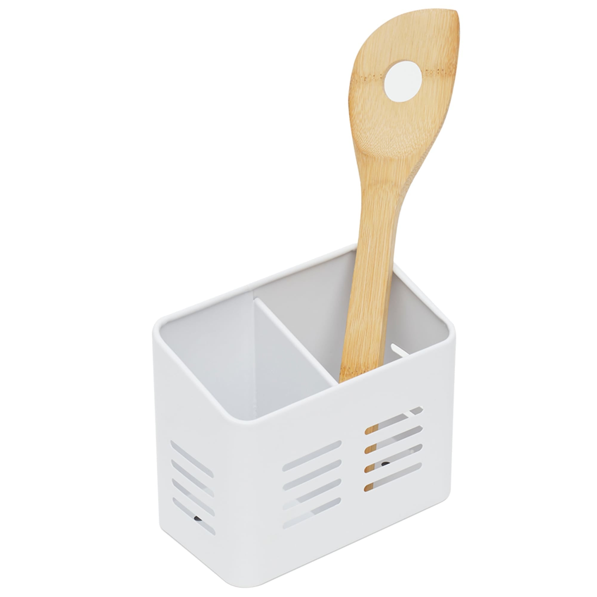 Dual Compartment Stainless Steel Cutlery Holder, White