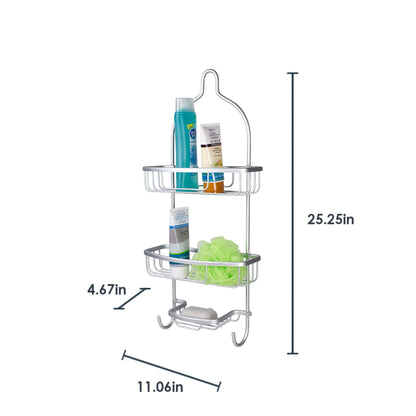 2 Tier Aluminum Shower Caddy With Built-In Hooks And Soap Tray,