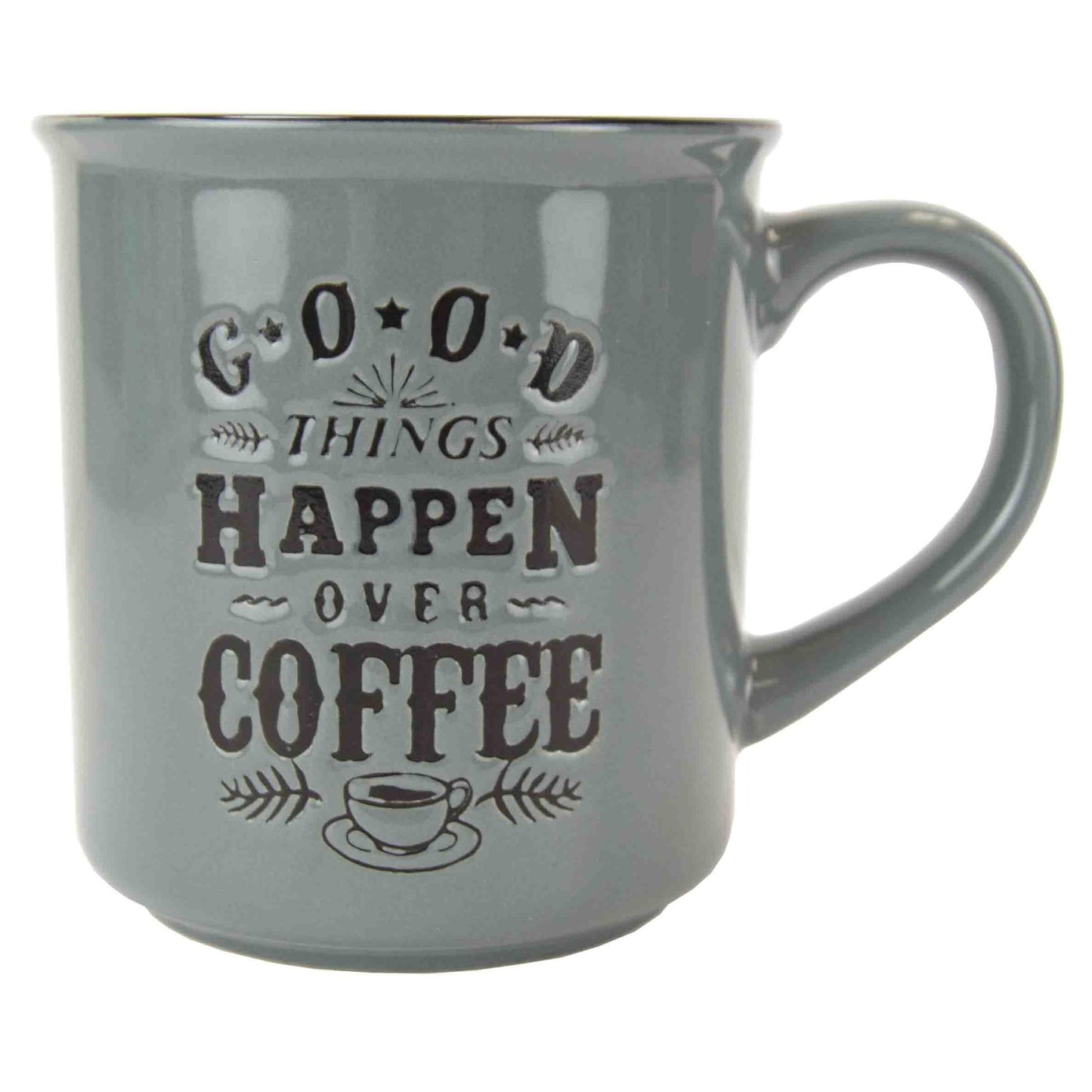 Home Basics Good Things Happen Over  Coffee Bone China   12 oz. Novelty Mug - Grey