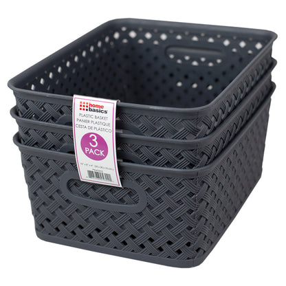 Home Basics Triple Woven 10" x 7.75" x 4" Multi-Purpose Stackable Plastic Storage Basket, (Pack of 3), Grey - Grey