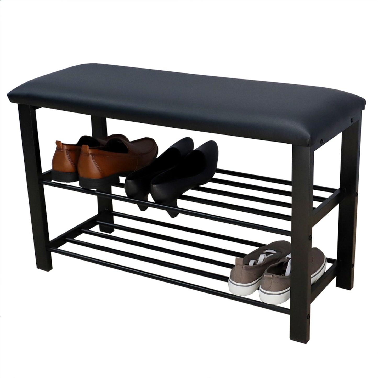 Cushioned Storage Bench with 2 Tier Steel Shoe Rack, Black