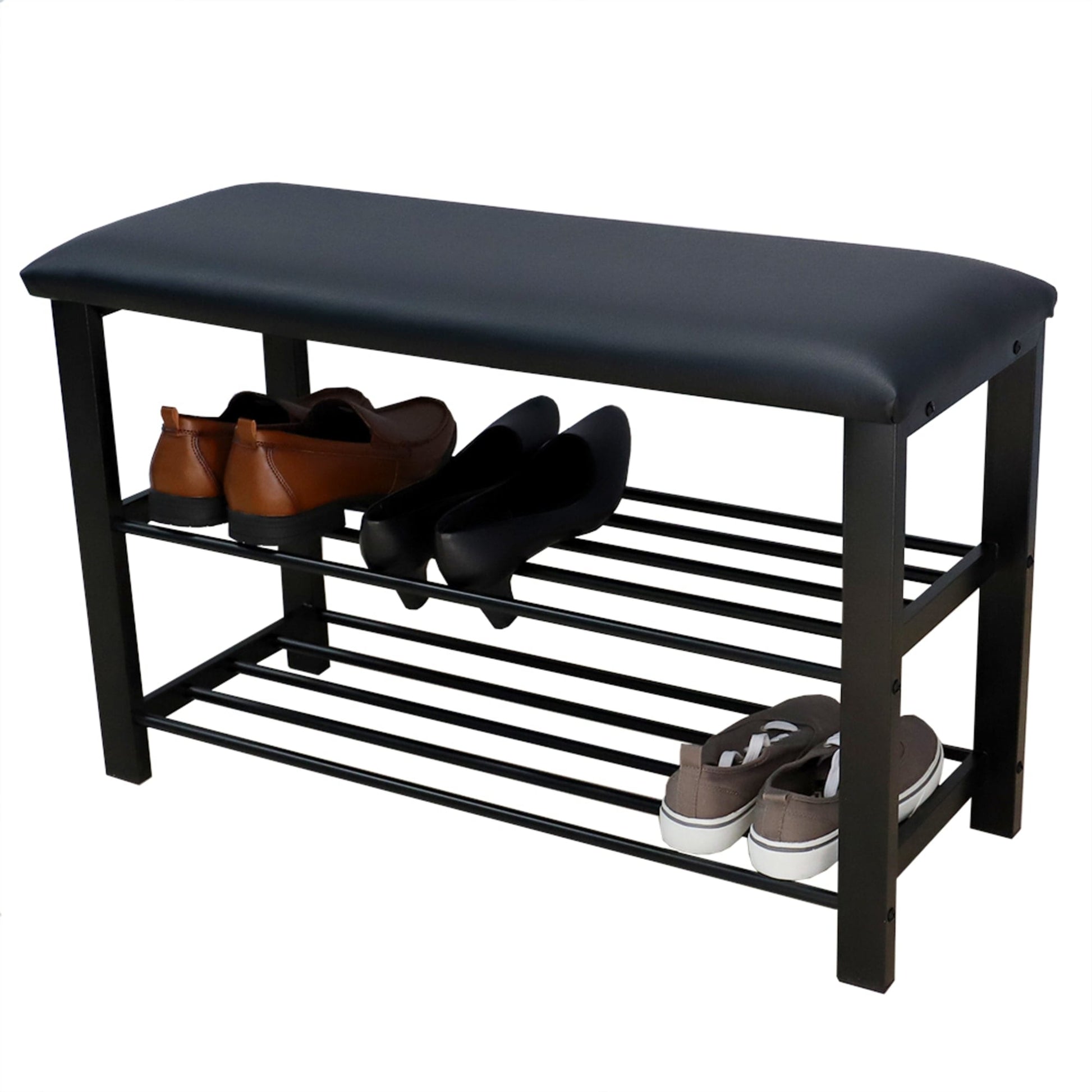 Home Basics Cushioned Storage Bench with 2 Tier Steel Shoe Rack, Black