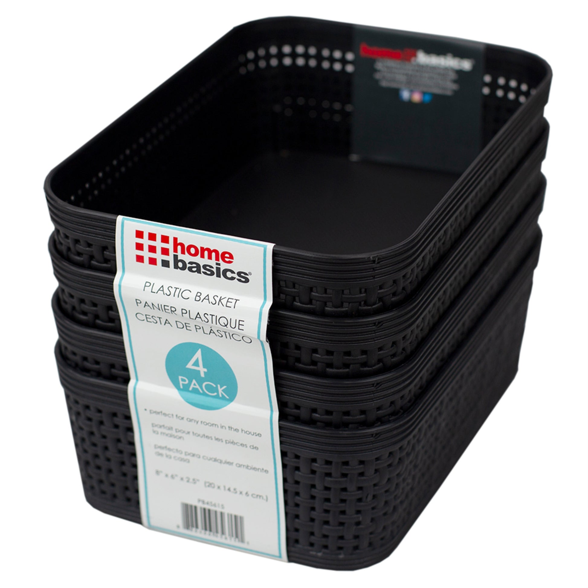 Home Basics Trellis 7.5" x 5.25" x 2.25" Multi-Purpose Stackable Plastic Storage Basket, (Pack of 4), Black - Black