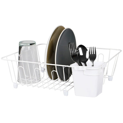 Small Vinyl Coated Wire Dish Rack with Utensil Holder, White