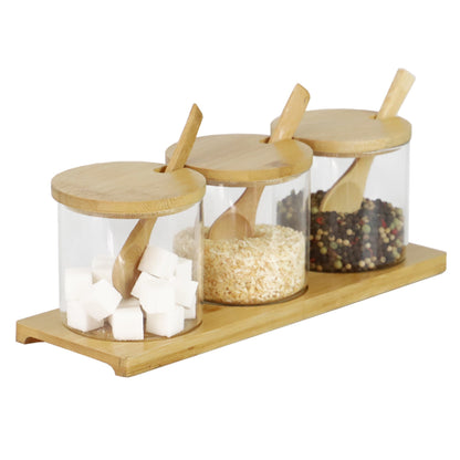 3 Piece Glass Cruet Set with Bamboo Base and Spoons
