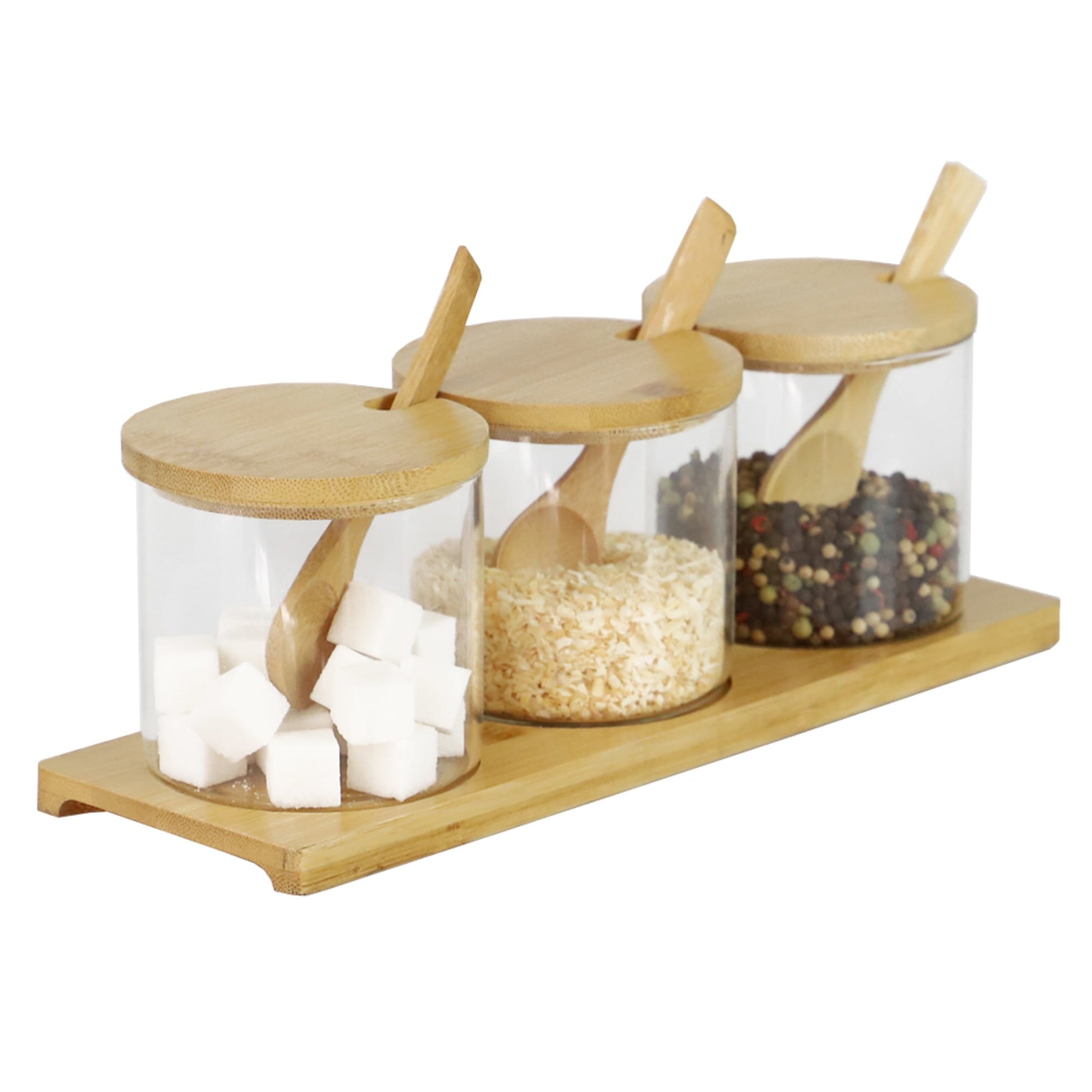 Glass Jar Set With Bamboo Lids , Tray & Bamboo Spoons 