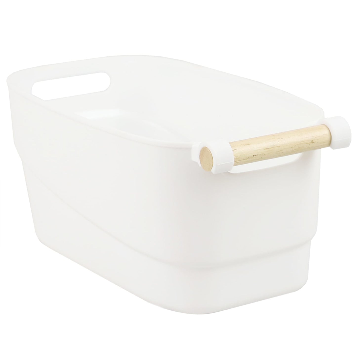 Small Plastic Basket with Wooden Handle, White