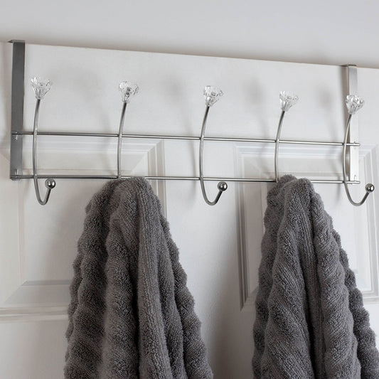 5 Hook Hanging Rack with Crystal Knobs, Chrome