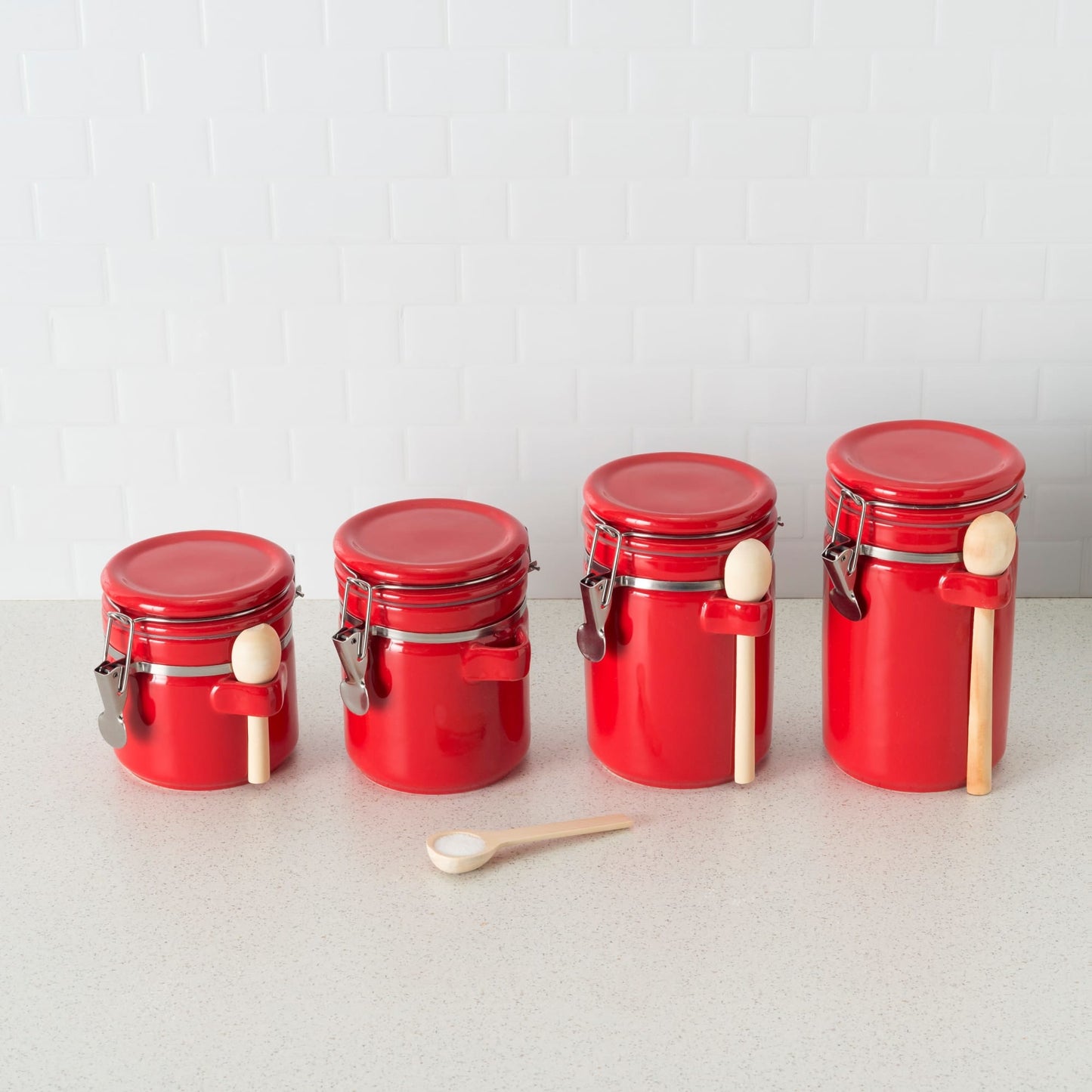4 Piece Ceramic Canister Set with Wooden Spoons, Red