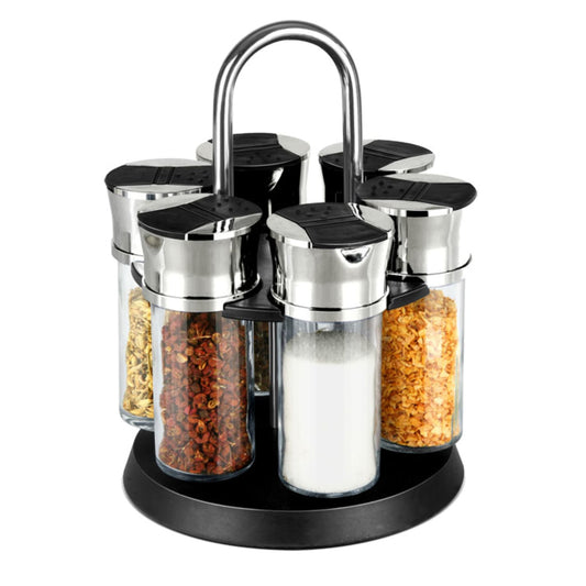 Compact Carousel 6-Jar Spice Rack with Steel Carrying Handle, Black