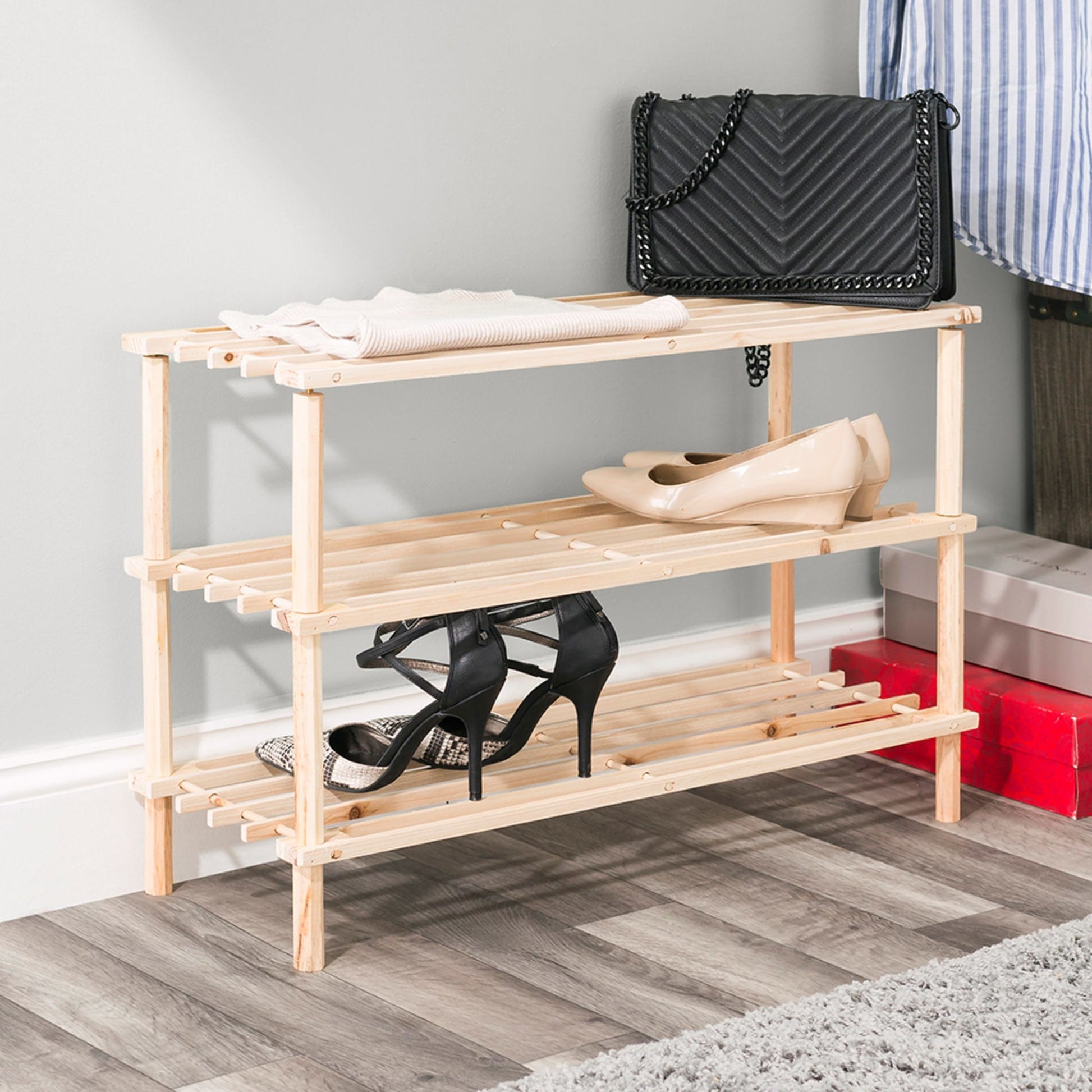 4-Shelf Closet Shoe Rack with Natural Wood Frame and Chrome Wire Shelves