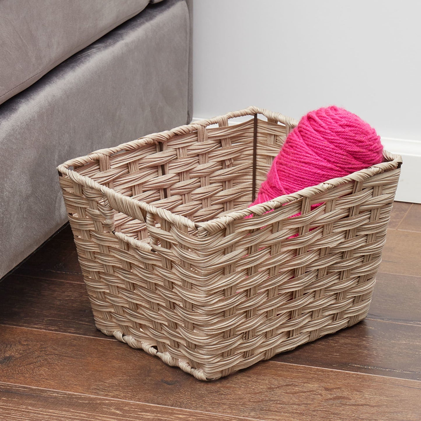 Medium Faux Rattan Basket with Cut-out Handles, Taupe