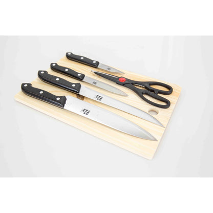 Essentials Series 5 Piece Stainless Steel Knife Set with All Natural Wood Cutting Board