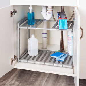 2 Tier Adjustable Multi-Functional Plastic Under Sink Organizer, Grey