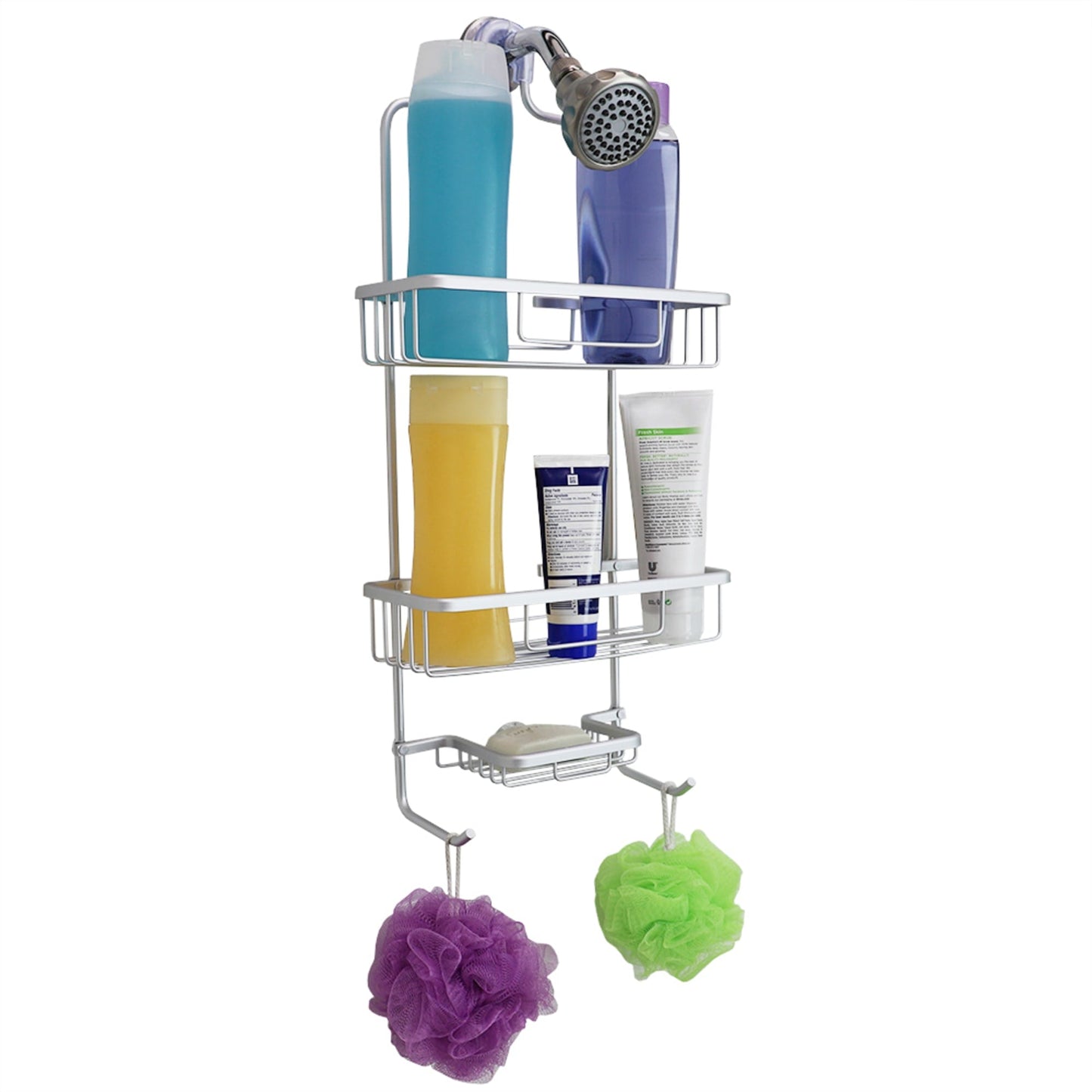 2 Tier Aluminum Suction Shower Caddy with Extra Long Baskets with Integrated hooks and Soap Tray, Grey