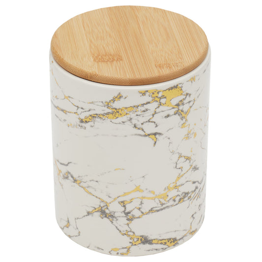 Marble Like Medium Ceramic Canister with Bamboo Top, White