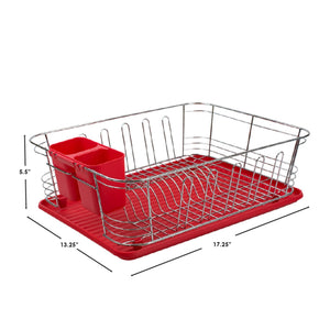 3 Piece  Chrome Plated Steel and Plastic Dish Rack, Red