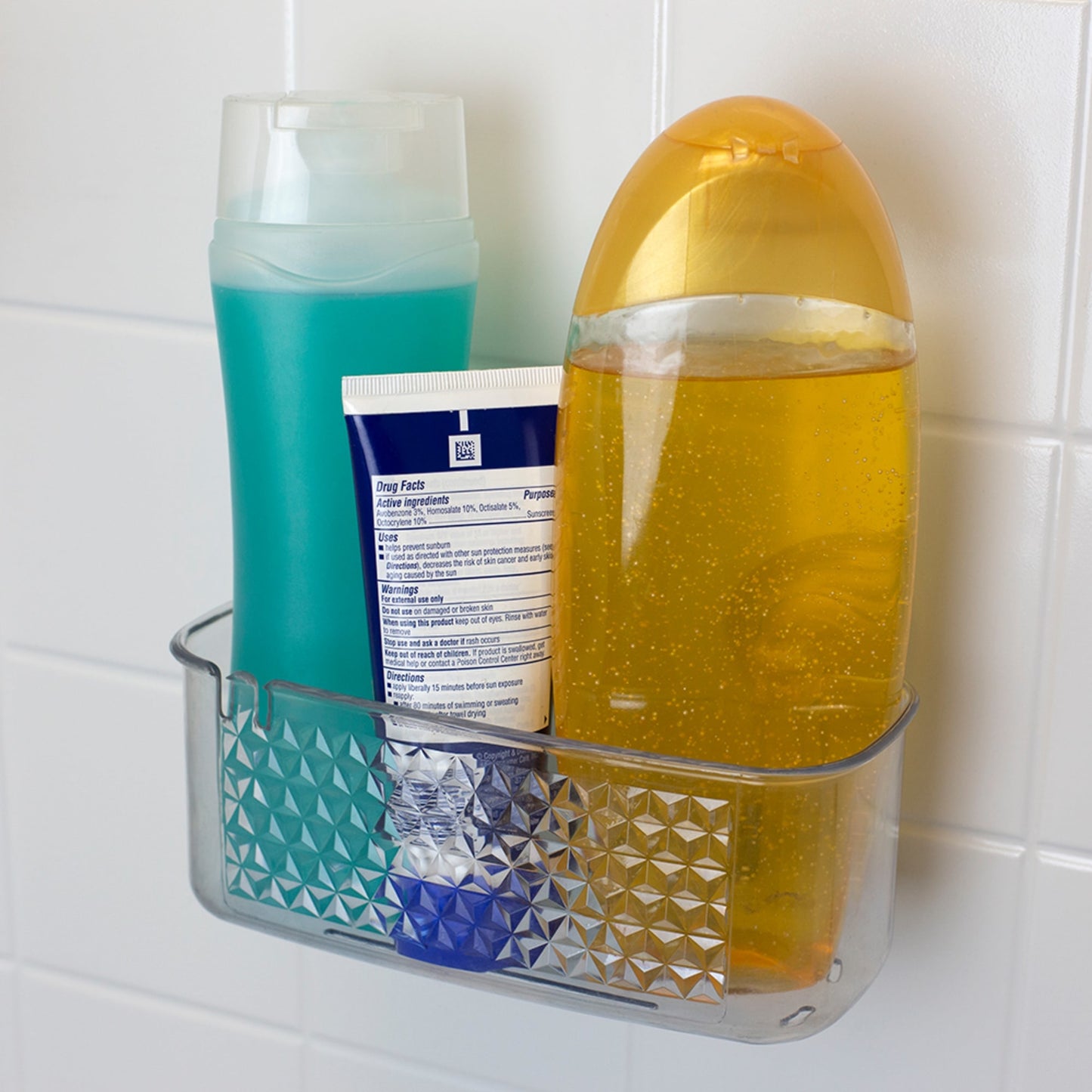 Large Cubic Patterned Plastic Shower Caddy with Suction Cups, Clear, SHOWER