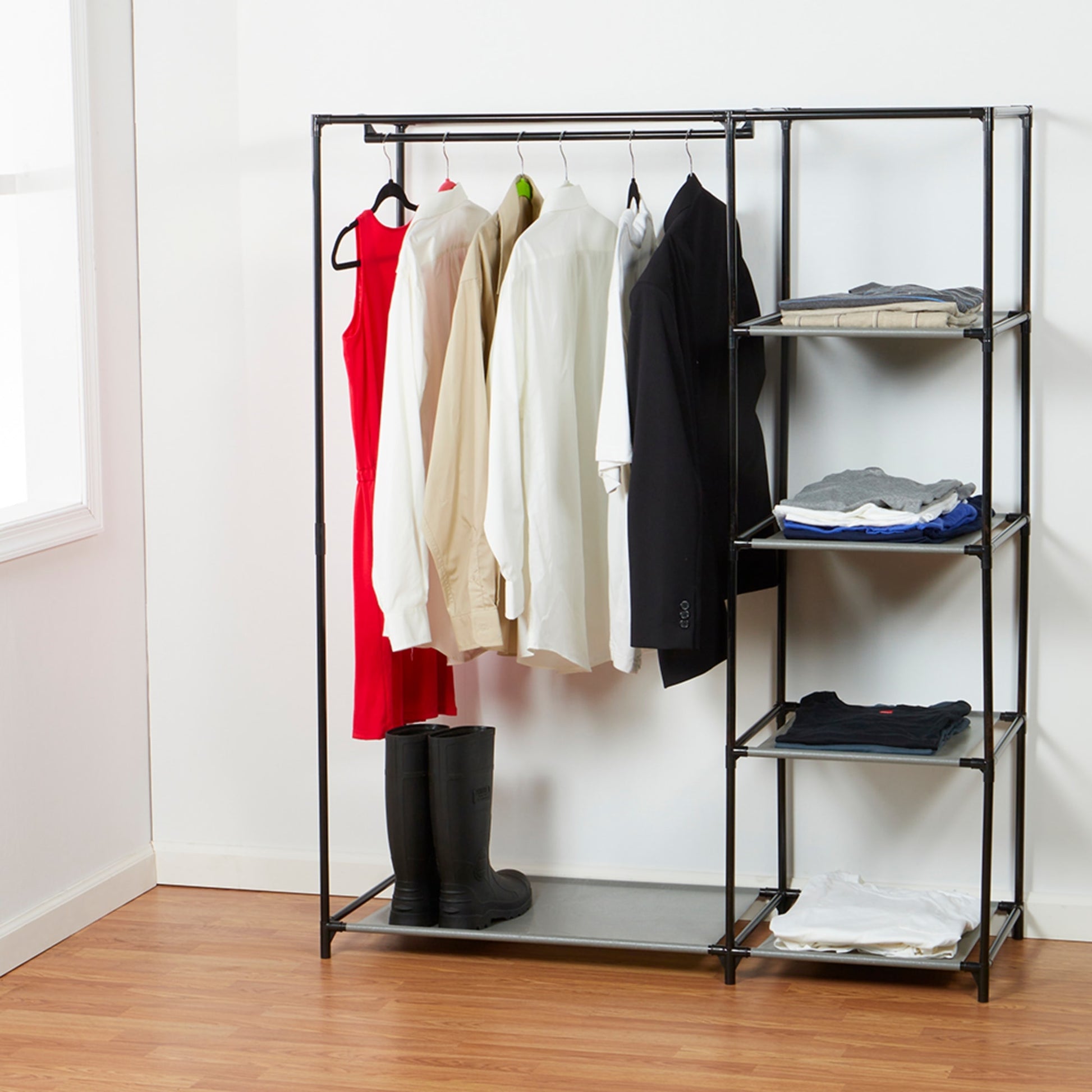Basics Closet Storage Organizer with Fabric Bins and Shelves, Grey,  32.7 x 12.2 x 31