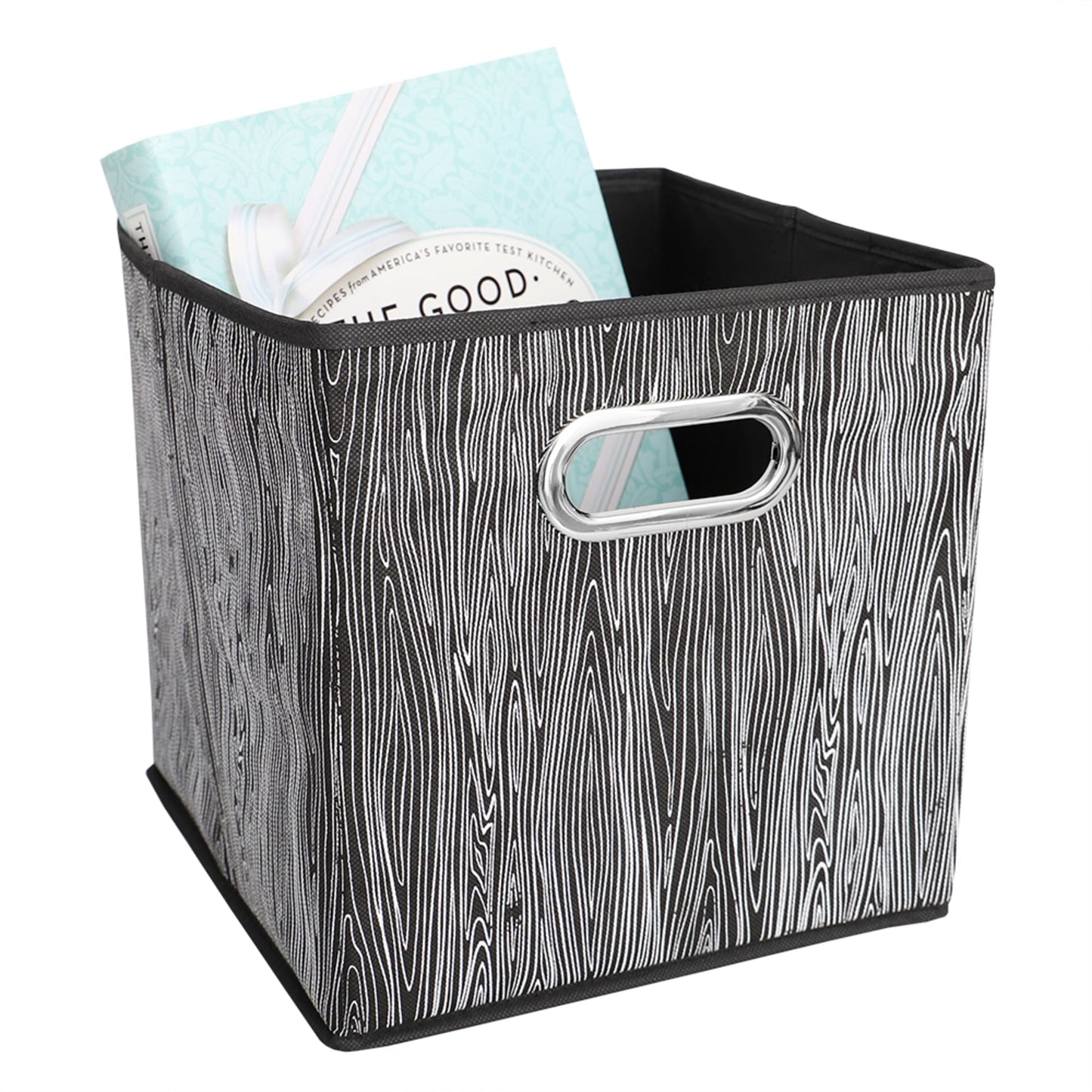 Wood Tone Collapsible Non-Woven Storage Bin with Grommet Handle, Black