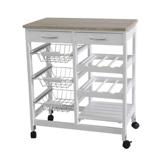 Oak Top Rolling Kitchen Trolley with Two Drawers and Two Baskets, White