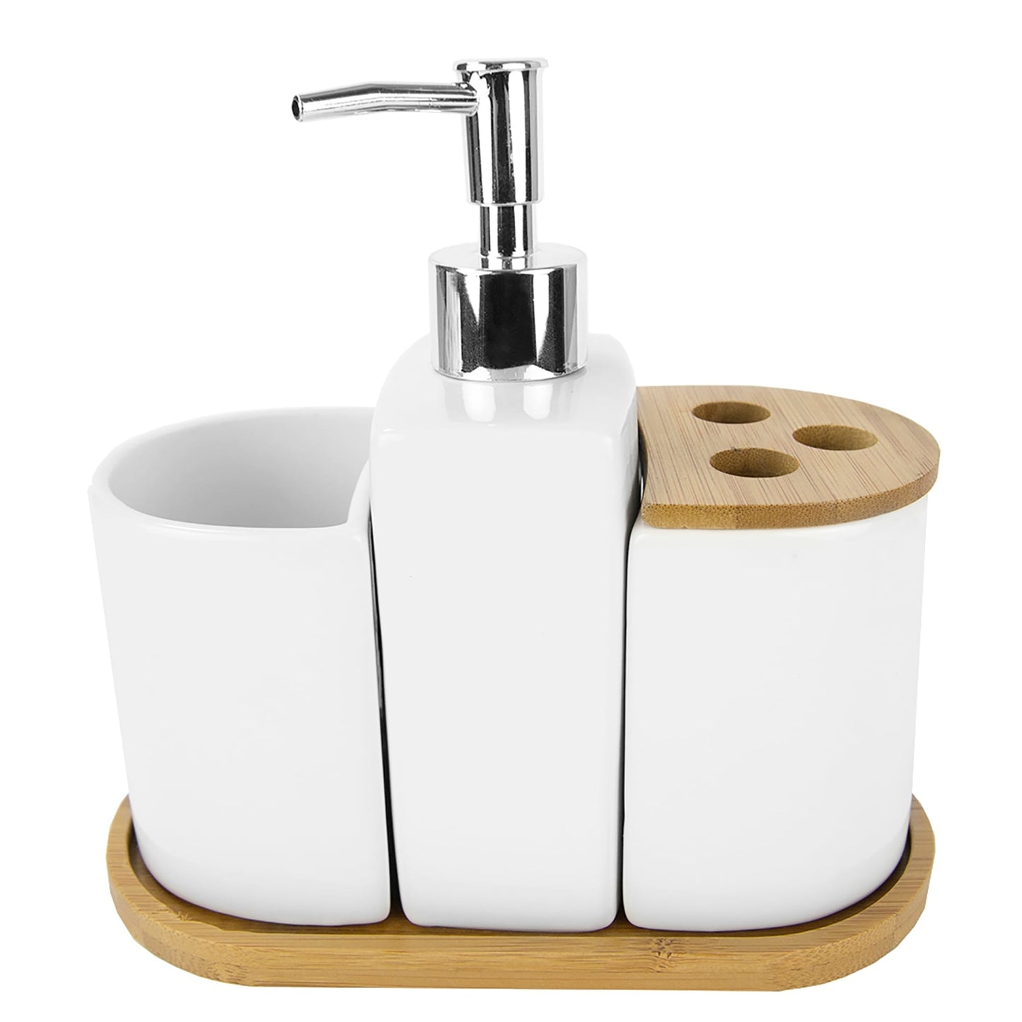 4 Piece Ceramic Bath Accessory Set with Bamboo Accents