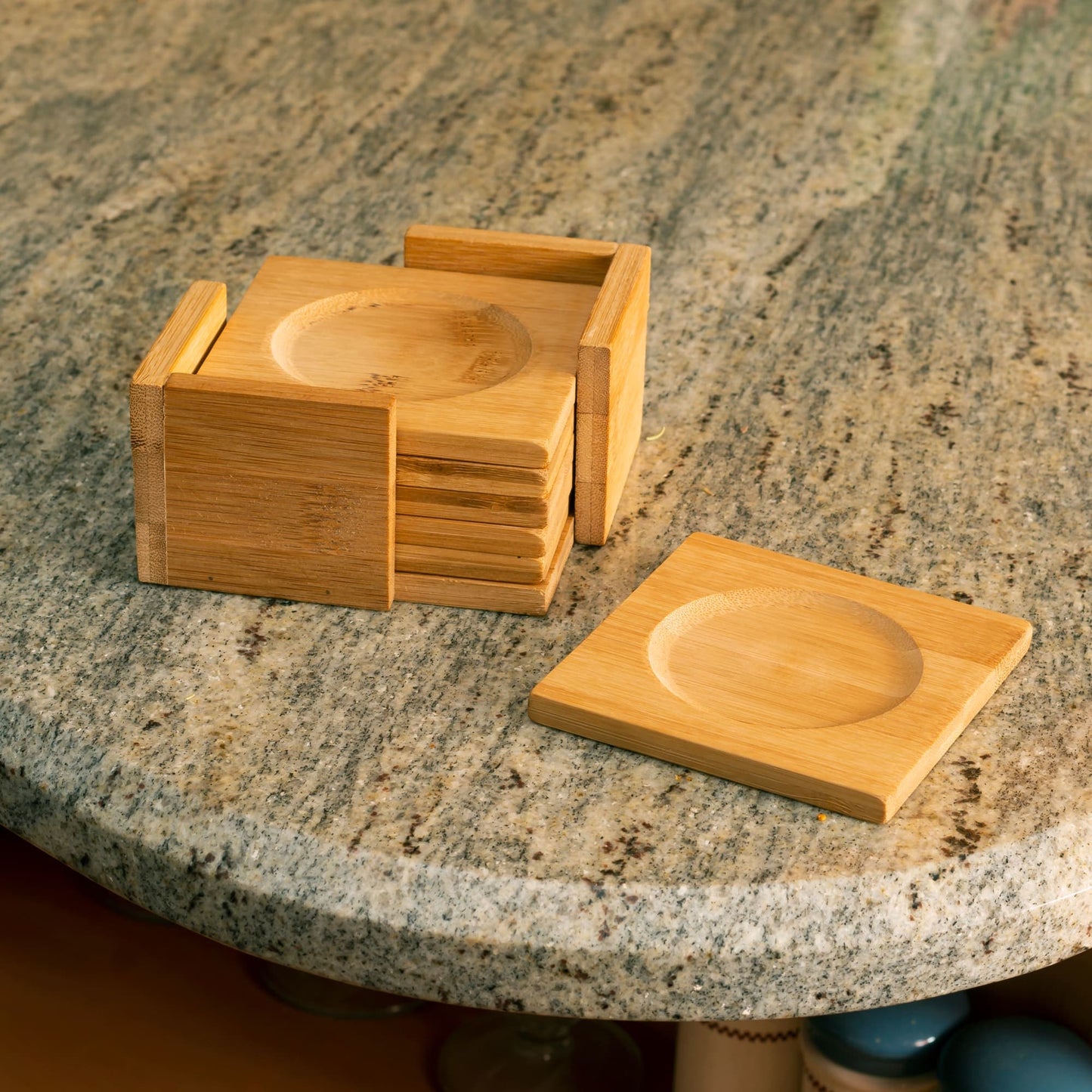 Natural Bamboo Square Coaster with Raised Edge, (Set of 6)