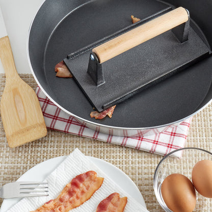 Cast Iron Bacon Press with Wood Handle, Black