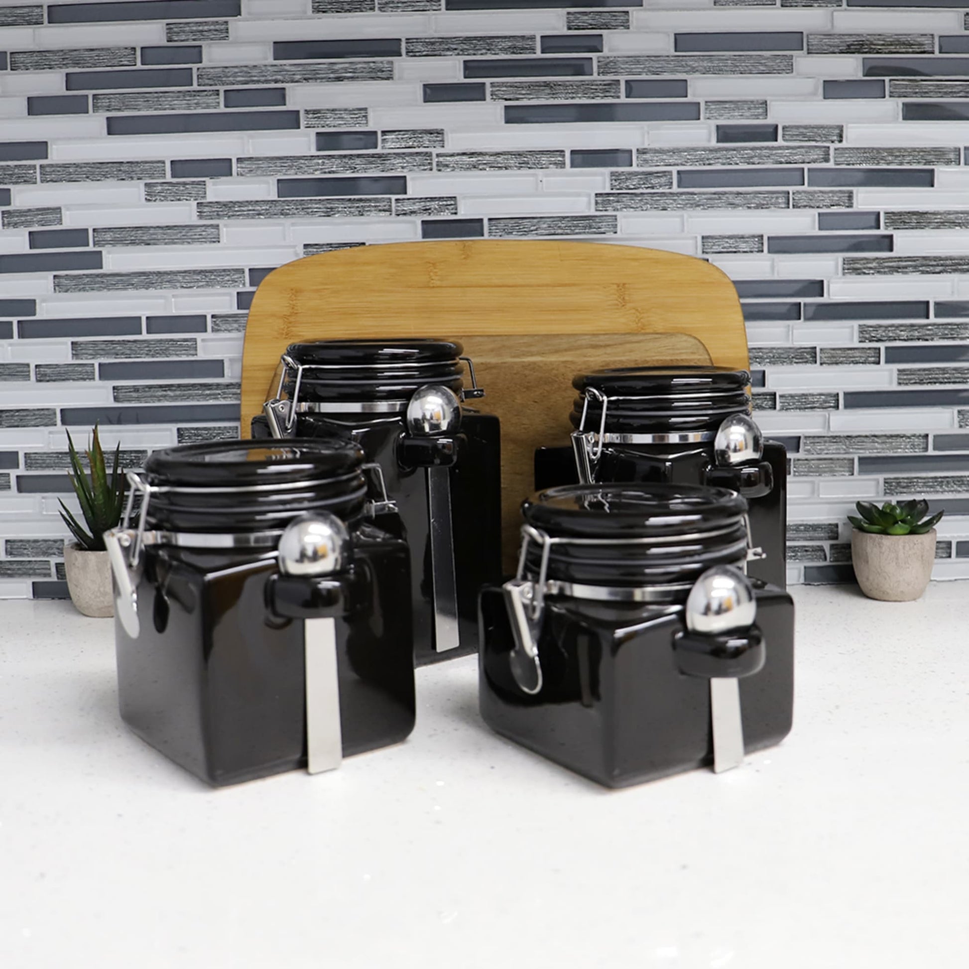 Home Basics 4 Piece Ceramic Canisters with Easy Open Air-Tight Clamp Top  Lid and Wooden Spoons, Black 