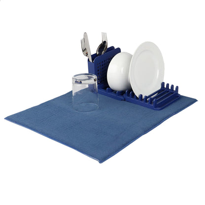 Michael Graves Design 3 Section Plastic  Dish Drying Rack with Super Absorbent Microfiber Mat, Indigo