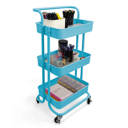 3 Tier Steel Rolling Utility Cart with 2 Locking Wheels, Blue