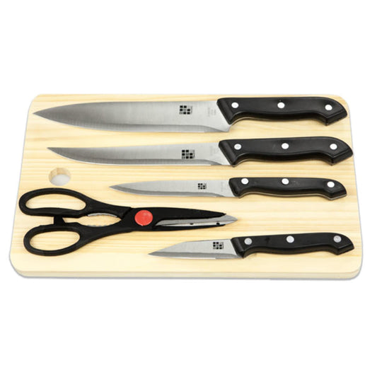 Essentials Series 5 Piece Stainless Steel Knife Set with All Natural Wood Cutting Board