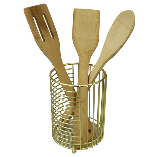 Halo Steel Cutlery Holder with Mesh Bottom and Non-Skid Feet, Gold