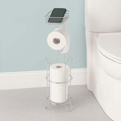Free Standing Dispensing Toilet Paper Holder with Built-in Accessory Tray, Silver