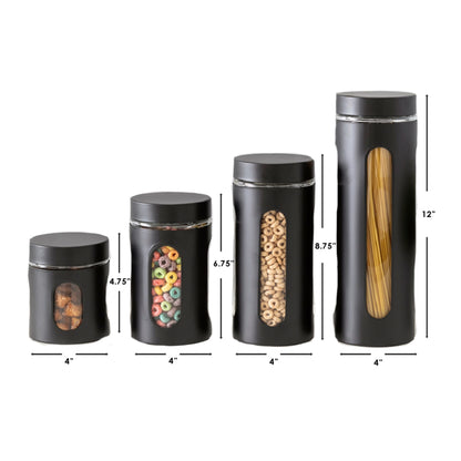 4 Piece Stainless Steel Canisters with Multiple Peek-Through Windows, Black