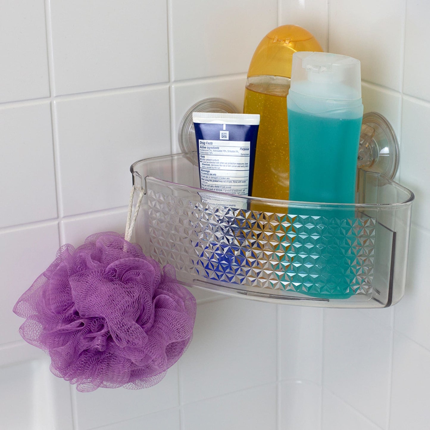 Large Cubic Patterned Plastic Corner Shower Caddy with Suction Cups, Clear