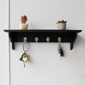 Wood Floating Shelf with Key Hooks, Black