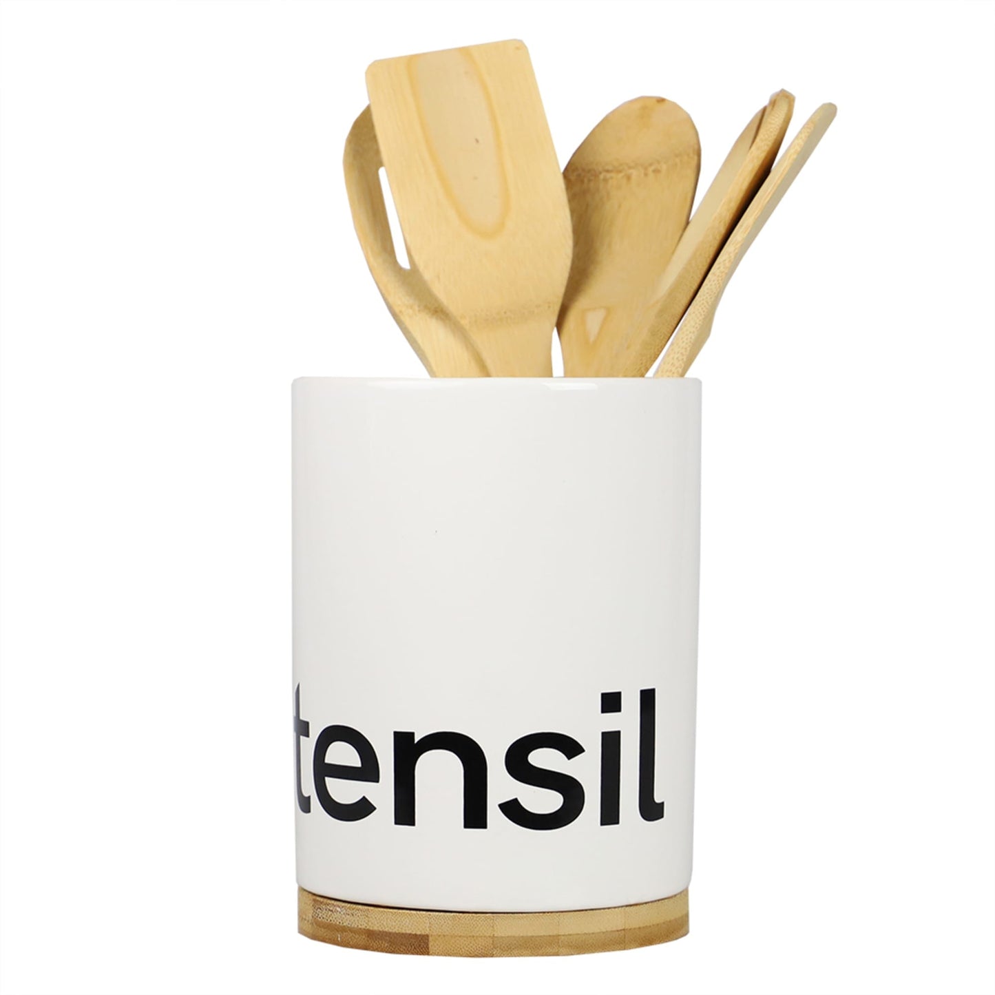 Utensil Holder with Bamboo Accents, White
