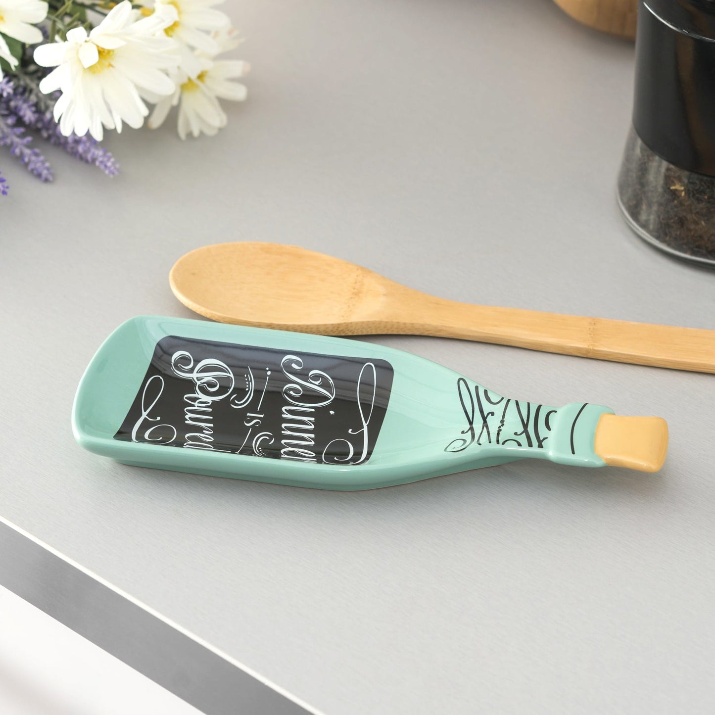 Dinner is Poured Wine Shape Ceramic Spoon Rest, Teal